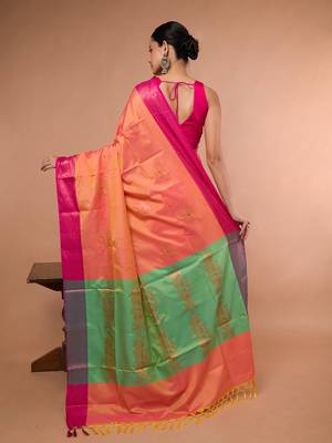 Orange Blended Silk Saree With Broad Pink Border 5