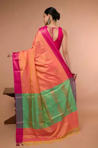 Orange Blended Silk Saree With Broad Pink Border