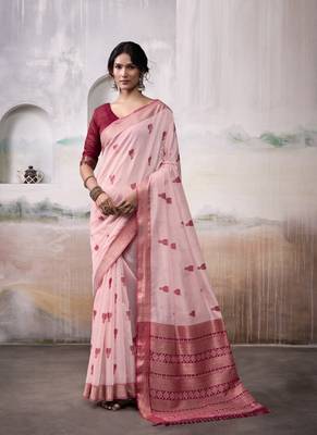 Light red & maroon cotton weaving zari border casual wear saree 1
