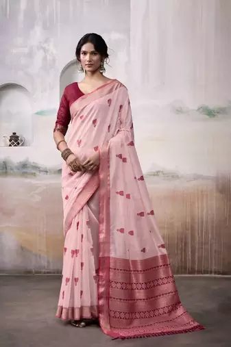 Light red & maroon cotton weaving zari border casual wear saree