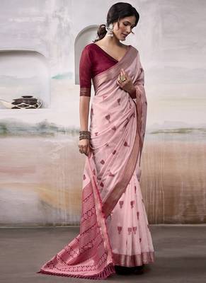 Light red & maroon cotton weaving zari border casual wear saree 2