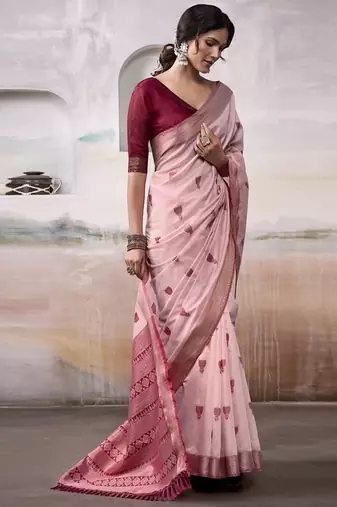 Light red & maroon cotton weaving zari border casual wear saree