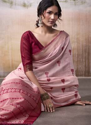 Light red & maroon cotton weaving zari border casual wear saree 3