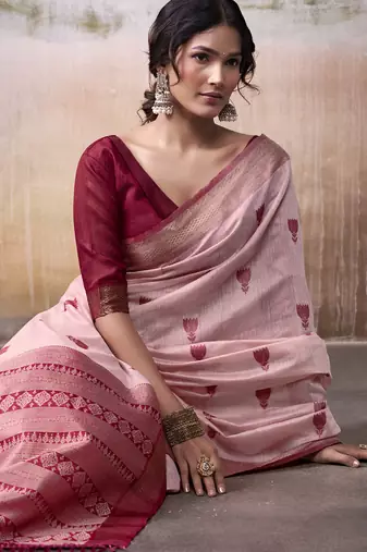 Light red & maroon cotton weaving zari border casual wear saree