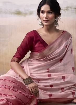 Light red & maroon cotton weaving zari border casual wear saree 4