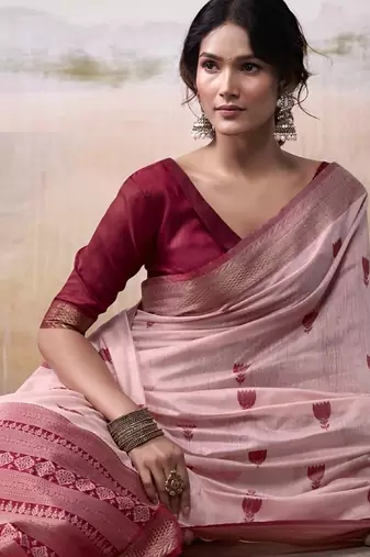 Light red & maroon cotton weaving zari border casual wear saree