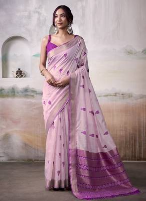 Light pink & purple cotton weaving zari border casual wear saree 1