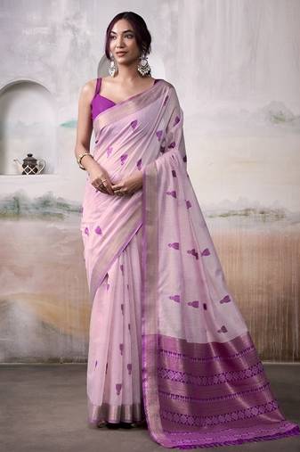 Light pink & purple cotton weaving zari border casual wear saree