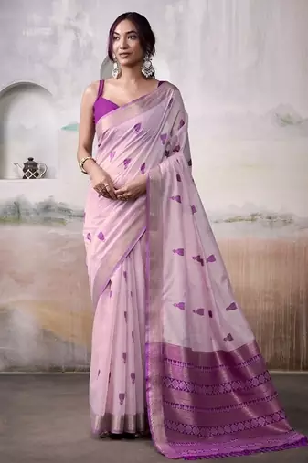 Light pink & purple cotton weaving zari border casual wear saree