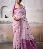 Light pink & purple cotton weaving zari border casual wear saree