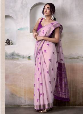 Light pink & purple cotton weaving zari border casual wear saree 2