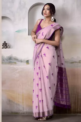 Light pink & purple cotton weaving zari border casual wear saree
