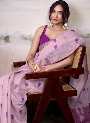 Light pink & purple cotton weaving zari border casual wear saree 3