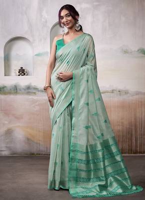 Light turquoise  cotton weaving zari border casual wear saree 1