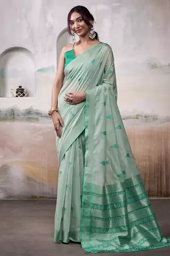 Light turquoise  cotton weaving zari border casual wear saree