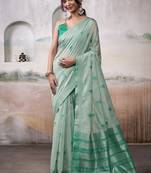 Light turquoise  cotton weaving zari border casual wear saree