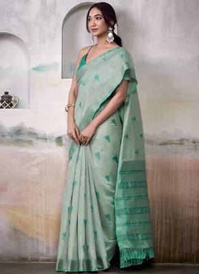 Light turquoise  cotton weaving zari border casual wear saree 2