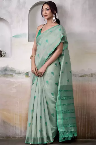 Light turquoise  cotton weaving zari border casual wear saree