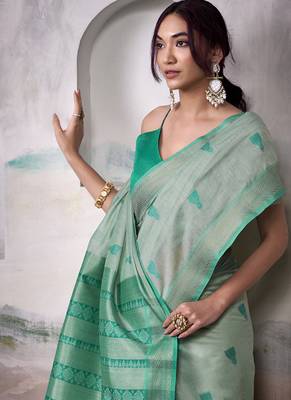 Light turquoise  cotton weaving zari border casual wear saree 3