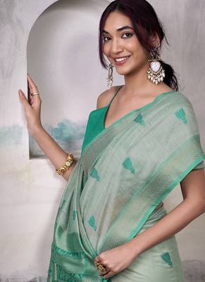 Light turquoise  cotton weaving zari border casual wear saree 4