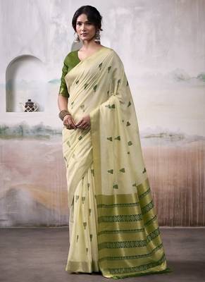 Cream & olive cotton weaving zari border casual wear saree 1