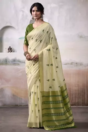 Cream & olive cotton weaving zari border casual wear saree