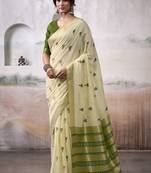 Cream & olive cotton weaving zari border casual wear saree