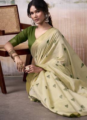 Cream & olive cotton weaving zari border casual wear saree 2