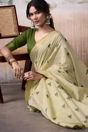 Cream & olive cotton weaving zari border casual wear saree