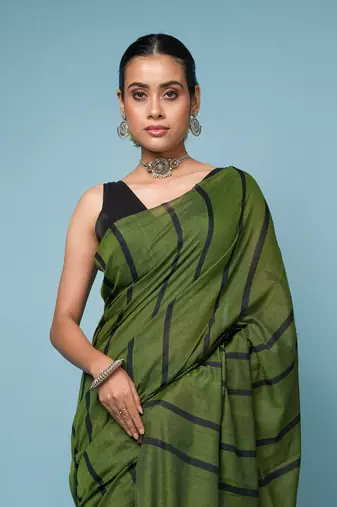 Bottle Green Cotton Handloom Saree With Thin Black Stripes 