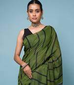 Bottle Green Cotton Handloom Saree With Thin Black Stripes 
