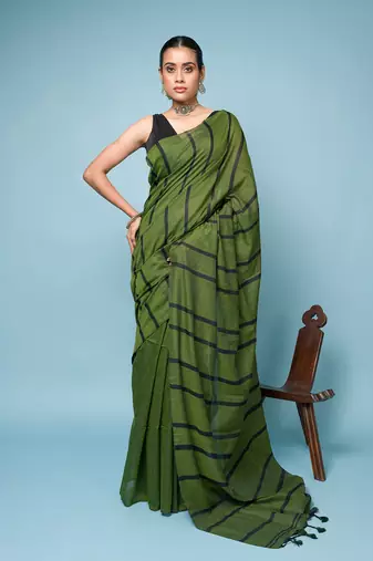 Bottle Green Cotton Handloom Saree With Thin Black Stripes 