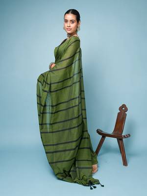 Bottle Green Cotton Handloom Saree With Thin Black Stripes  3