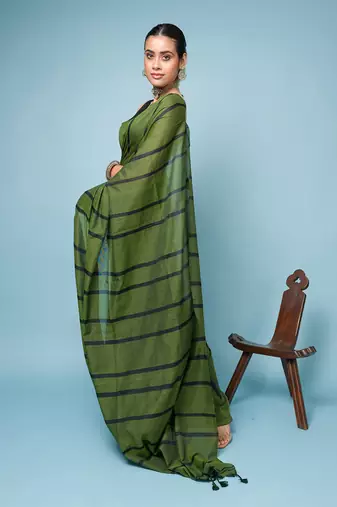Bottle Green Cotton Handloom Saree With Thin Black Stripes 