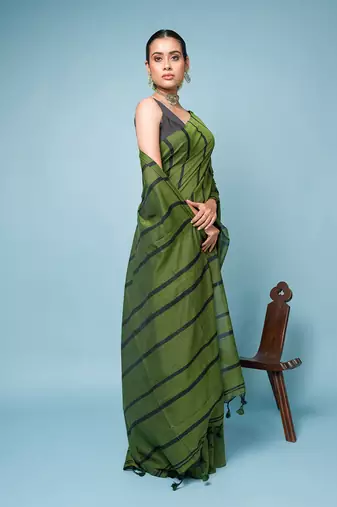 Bottle Green Cotton Handloom Saree With Thin Black Stripes 