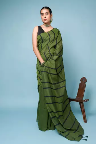 Bottle Green Cotton Handloom Saree With Thin Black Stripes 