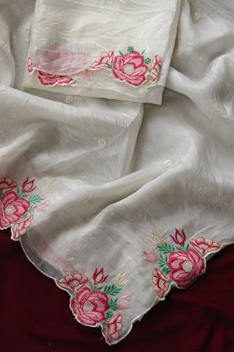 White crush silk Blend saree with all over embroidery design and cut work design