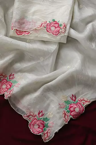 White crush silk Blend saree with all over embroidery design and cut work design