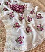 White crush Georgette chiffon  Saree with premium floral embroidery all over the Saree
