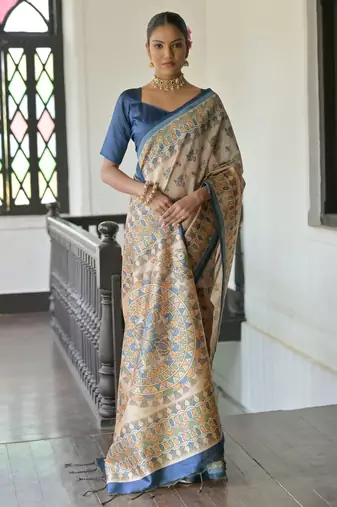 blue soft tussar silk printed designer saree with blouse