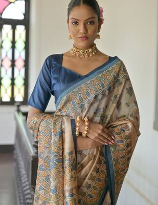 blue soft tussar silk printed designer saree with blouse 3