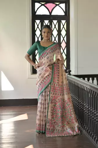 green soft tussar silk printed designer saree with blouse