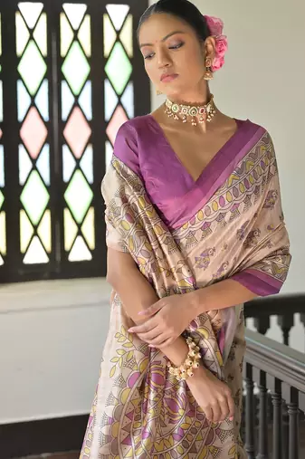 wine soft tussar silk printed designer saree with blouse