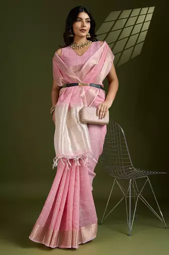 pink tissue linen silk zari woven designer saree with blouse