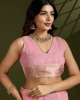 pink tissue linen silk zari woven designer saree with blouse 3