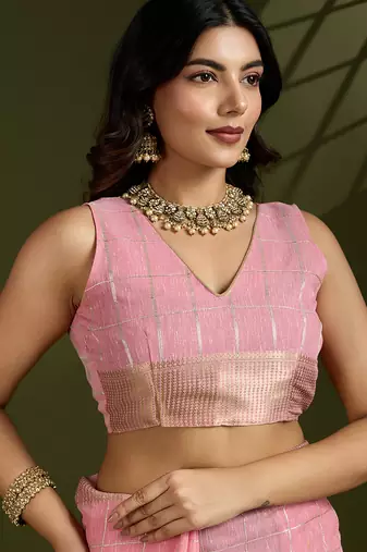 pink tissue linen silk zari woven designer saree with blouse