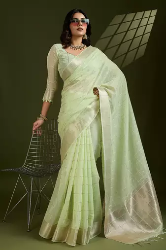 sea green tissue linen silk zari woven designer saree with blouse