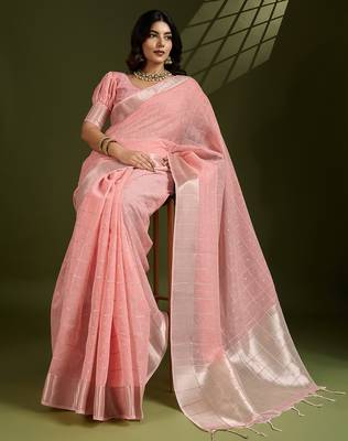 peach tissue linen silk zari woven designer saree with blouse 2