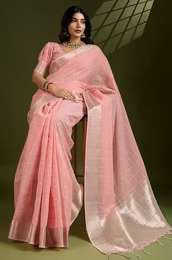peach tissue linen silk zari woven designer saree with blouse