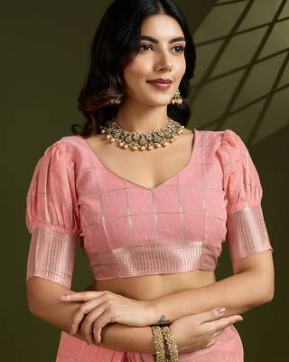 peach tissue linen silk zari woven designer saree with blouse 3
